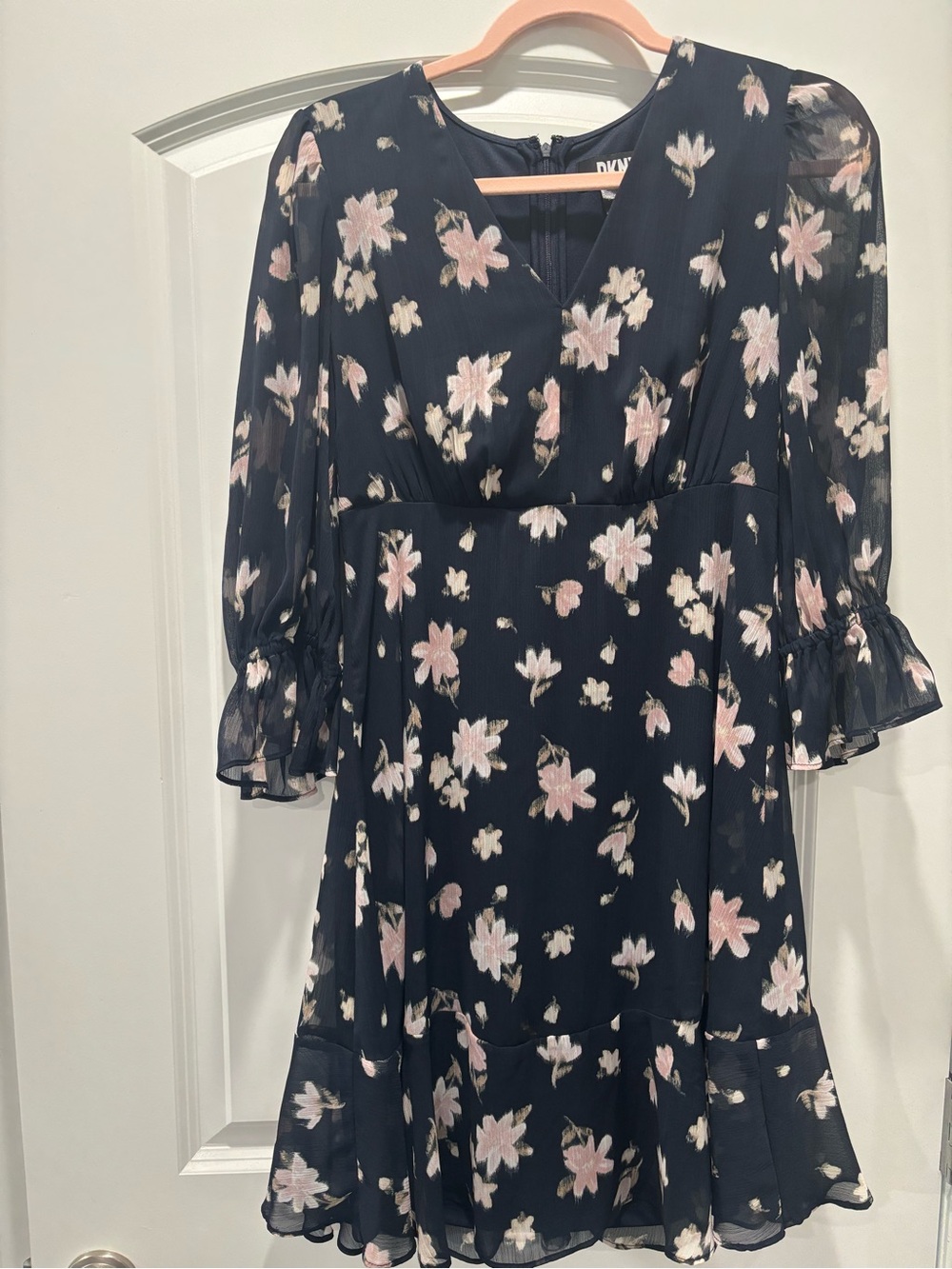 DKNY Navy Floral Chiffon Dress with Pink and White Flowers
